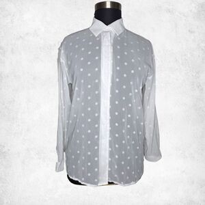 White Polka Dot Button Down Blouse 2XL – Sheer Lightweight Long Sleeve Top
